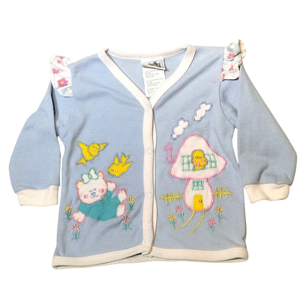 Vintage Cuties By Judy Shirt Baby Girl 6-9 Mos Blue Long Slv Bear Bird Mushroom
